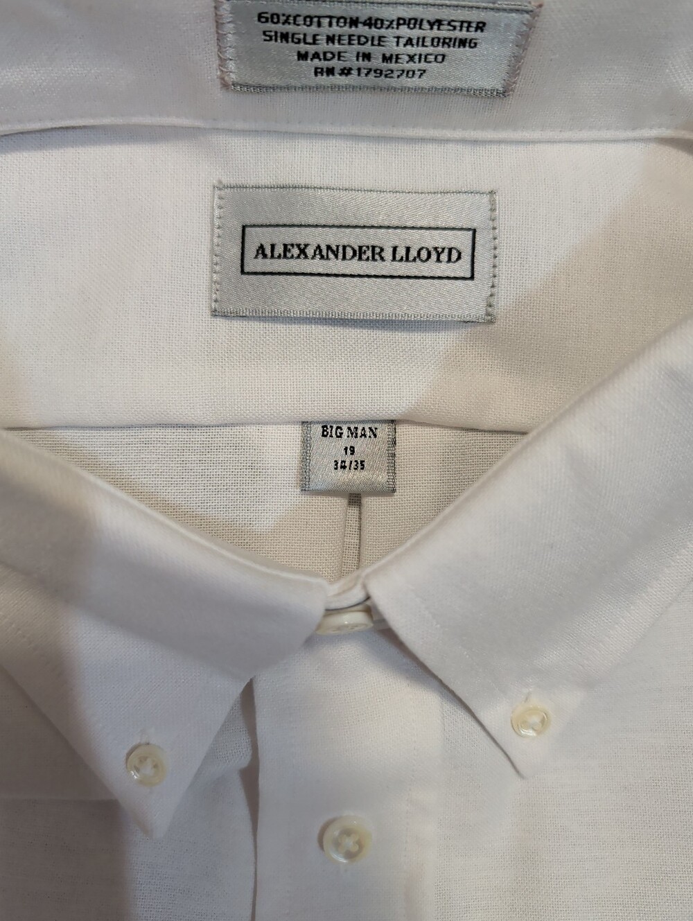 Classic White Button-Down Men’s Shirt - Alexander Lloyd Big Man 19 34/35 - Picture 2 of 4
